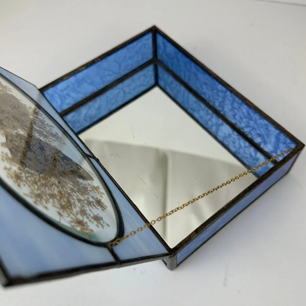 Vintage Stained Glass Hideaway Butterfly Trinket Box Blue Slag Glass Taxidermy